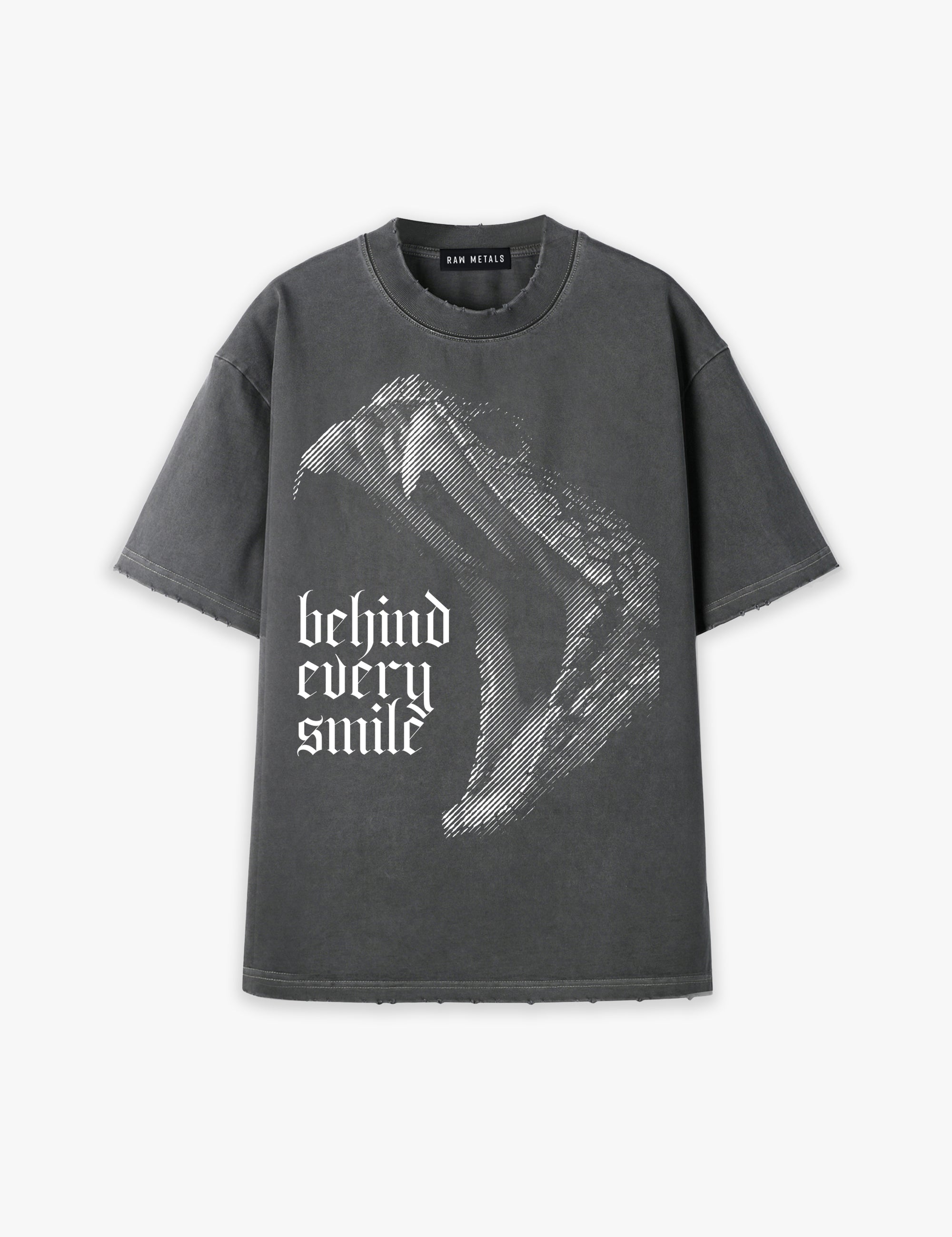 RAW METALS Behind Every Smile Oversized Distressed T-shirt in Charcoal