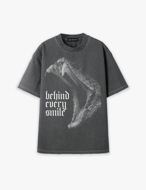RAW METALS Behind Every Smile Oversized Distressed T-shirt in Charcoal