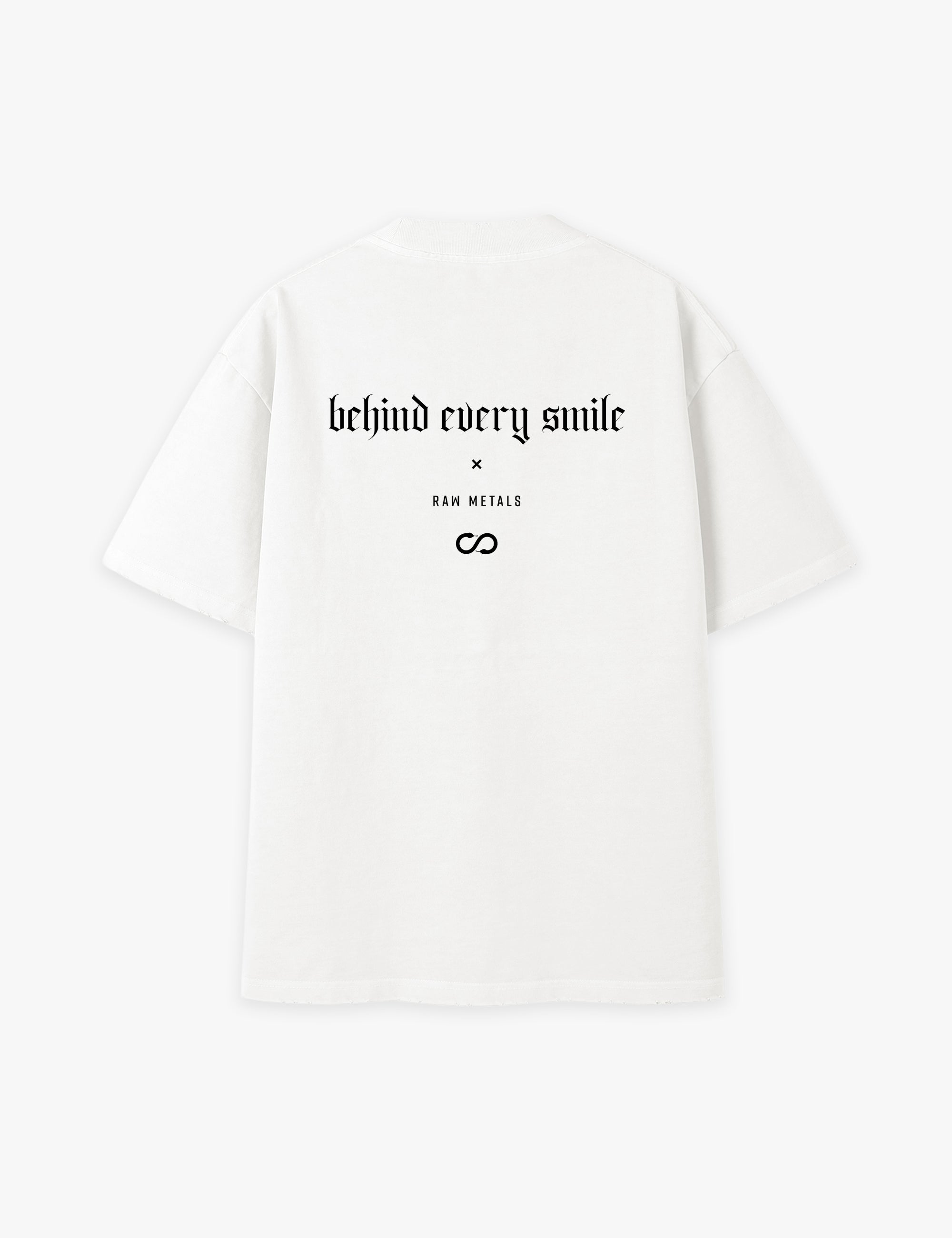RAW METALS Behind Every Smile Oversized Distressed T-shirt in White