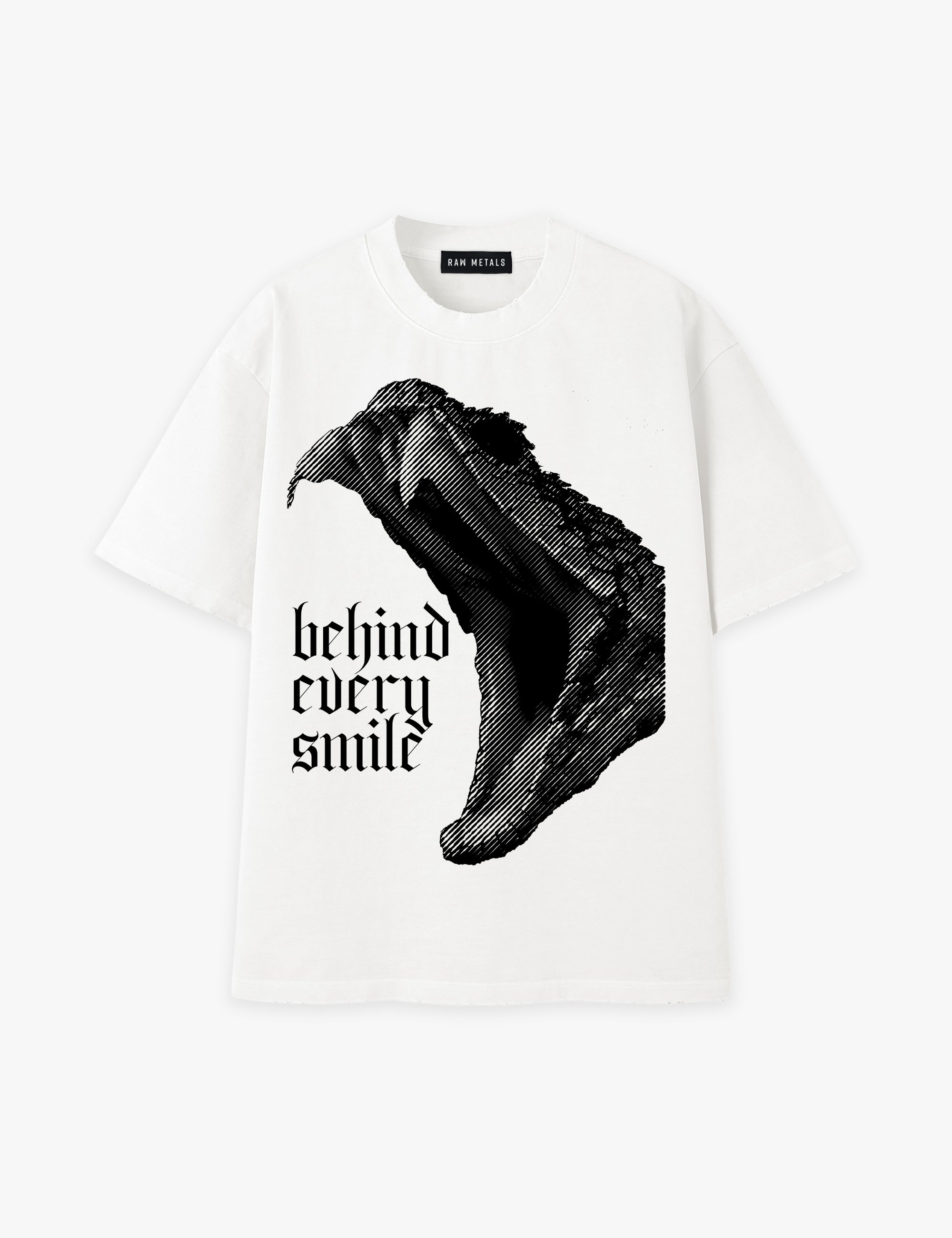 RAW METALS Behind Every Smile Oversized Distressed T-shirt in White