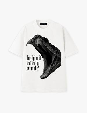 RAW METALS Behind Every Smile Oversized Distressed T-shirt in White