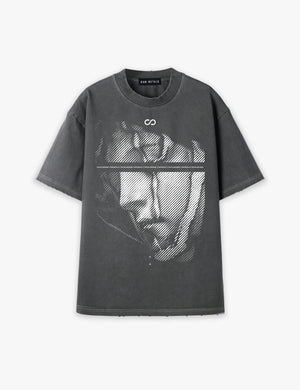 RAW METALS Falling Mask Oversized Distressed T-shirt in Charcoal
